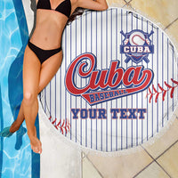 Round beach blanket with Cuba Baseball logo, 'Your Text' on white pinstripes, white fringe