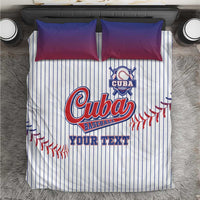 Baseball bedding set with white pinstripe comforter, blue “Cuba Baseball” graphic, and 2 blue pillows