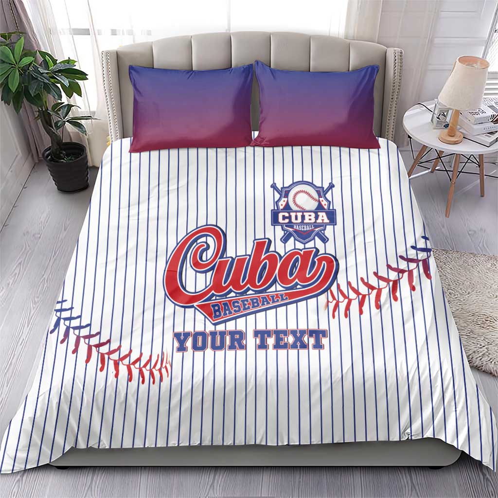Baseball bedding set: white pinstripe duvet with “Cuba Baseball” logo, red stitching, and 2 blue pillows