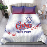 Baseball bedding set: white pinstripe duvet with “Cuba Baseball” logo, red stitching, and 2 blue pillows