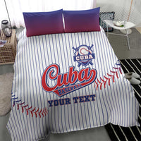 Baseball bedding set featuring white pinstripe duvet, “Cuba Baseball” emblem, red stitching, and 2 blue pillows