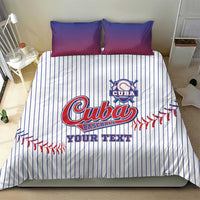 Baseball bedding set with white vertical pinstripes, “Cuba Baseball” emblem, “YOUR TEXT,” and 2 blue pillows