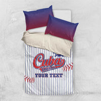 Baseball duvet set with white pinstripe bedding, “Cuba Baseball” and “YOUR TEXT,” plus 2 blue pillowcases