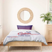 Baseball bedding set with white pinstripe comforter, blue “Cuba Baseball” logo, red stitching, 2 blue pillows