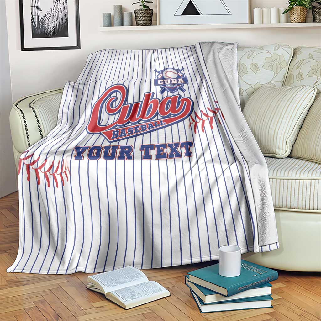 Cuba baseball blanket in white with blue pinstripes, red/blue logo and 'YOUR TEXT'