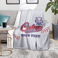 Cuba baseball blanket with blue pinstripes, red/blue Cuba logo and 'YOUR TEXT' over chair