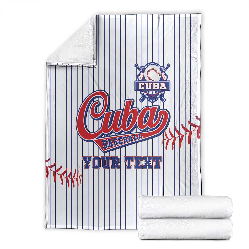 Cuba baseball blanket with blue pinstripes, crest logo, 'YOUR TEXT' and matching folded stack