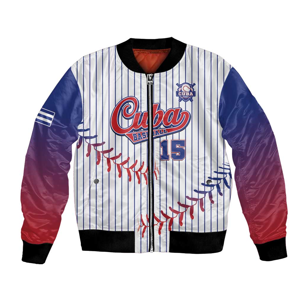Baseball bomber jacket, white pinstripes, blue and red sleeves, black rib trim, front zipper