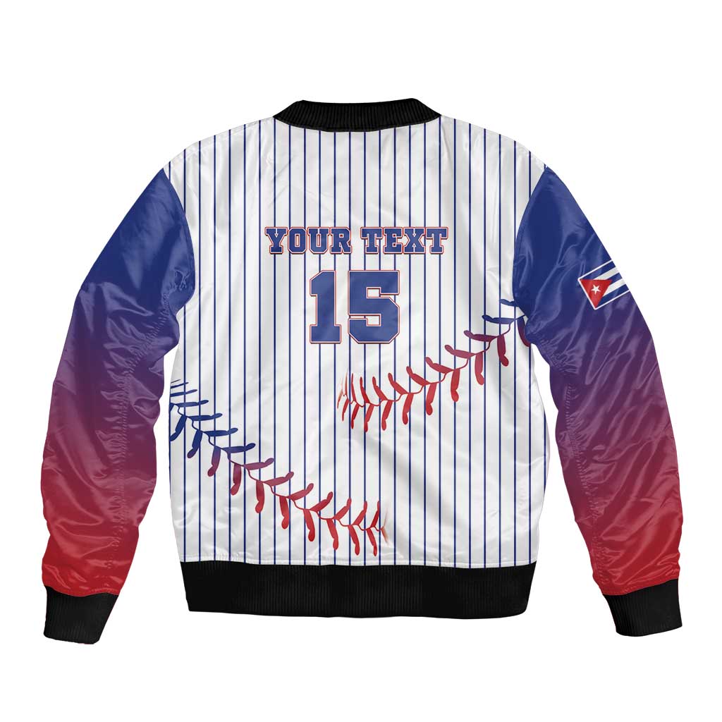 Baseball bomber jacket back, white pinstripes with 15 and YOUR TEXT, black rib trim, flag patch