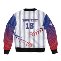 Baseball bomber jacket back, white pinstripes with 15 and YOUR TEXT, black rib trim, flag patch