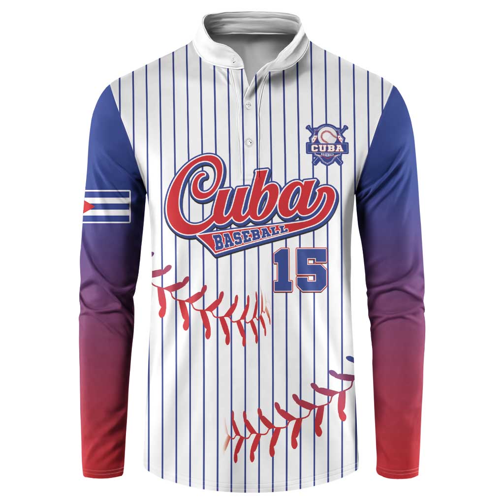 White pinstripe hooded baseball button sweatshirt, Cuba logo and 15 graphic on front