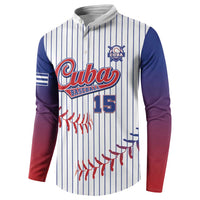 White pinstripe hooded baseball button sweatshirt with Cuba logo and 15 on chest