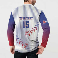 Back view of white pinstripe hooded baseball button sweatshirt, “YOUR TEXT” 15 and logo