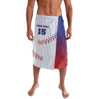 Men's baseball-style swim shorts with pinstripes, red "YOUR TEXT" and number 15