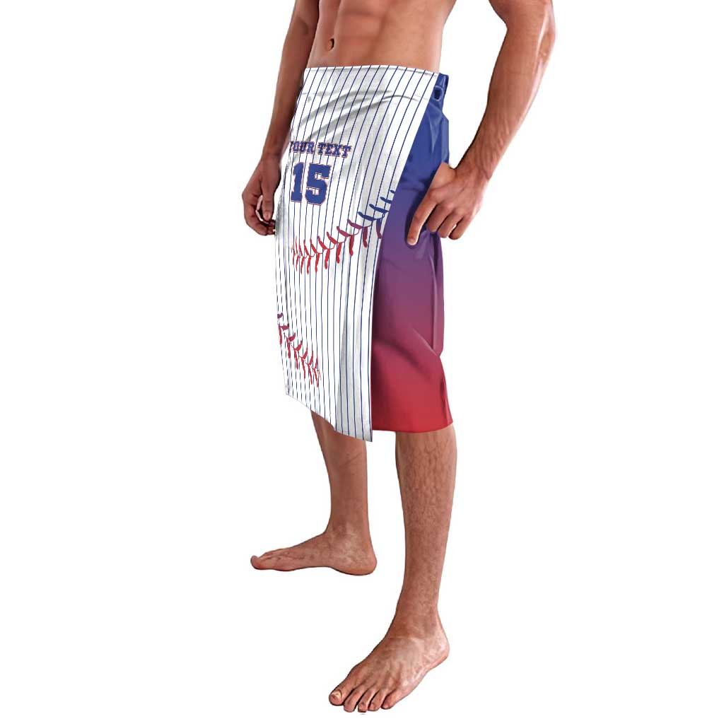 Men's baseball-style swim shorts with pinstriped panel and side number graphic