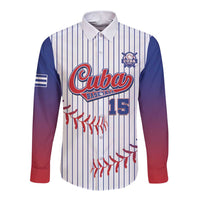 Long sleeve baseball button-up with Cuba logo, white pinstripes, navy/red sleeves