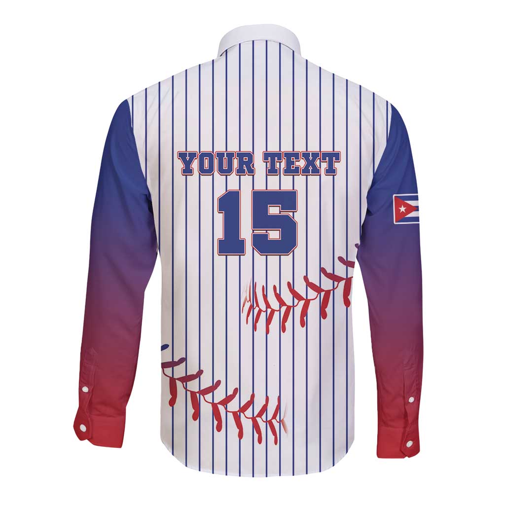Back long sleeve baseball button-up with YOUR TEXT 15, white pinstripes and red details
