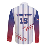Back long sleeve baseball button-up with YOUR TEXT 15, white pinstripes and red details
