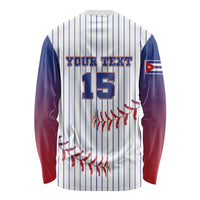 Long-sleeve baseball shirt with blue pinstripes, 'YOUR TEXT 15' back graphic and Cuba flag