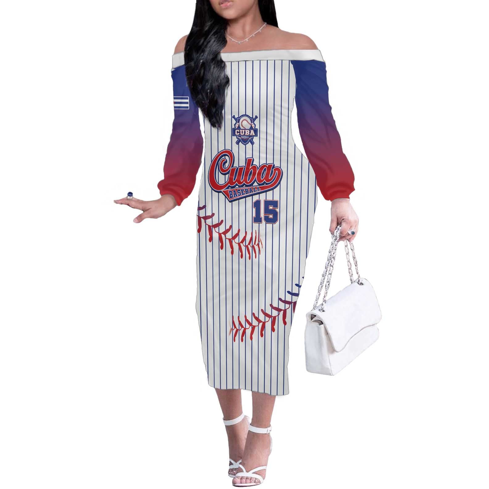 Custom Cuba Baseball Off The Shoulder Long Sleeve Dress Sporty Style - Wonder Print Shop