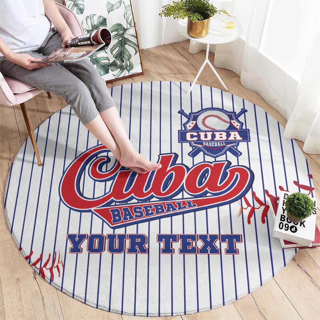 Round baseball rug laid flat with Cuba Baseball logo and your text over blue pinstripes
