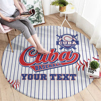 Round baseball rug laid flat with Cuba Baseball logo and your text over blue pinstripes
