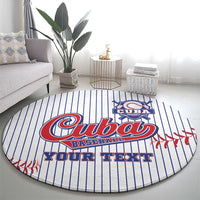 Round baseball area rug with Cuba Baseball emblem and your text, blue stripes and red stitching