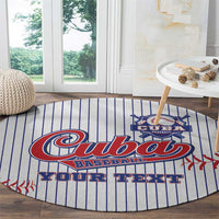 Round baseball rug with Cuba Baseball logo and your text, blue pinstripes on white ground