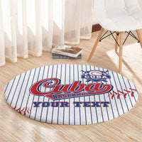 Round baseball rug showing Cuba Baseball logo and your text, blue stripes with red accents
