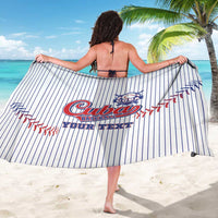 White pinstripe sarong with Cuba baseball logo and YOUR TEXT on draped wrap