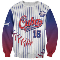 Unisex baseball sweatshirt with white pinstripes, Cuba logo, number 15, and red baseball graphics