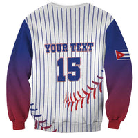 Unisex baseball sweatshirt with white pinstripes, customizable text, number 15, and Cuba flag patch
