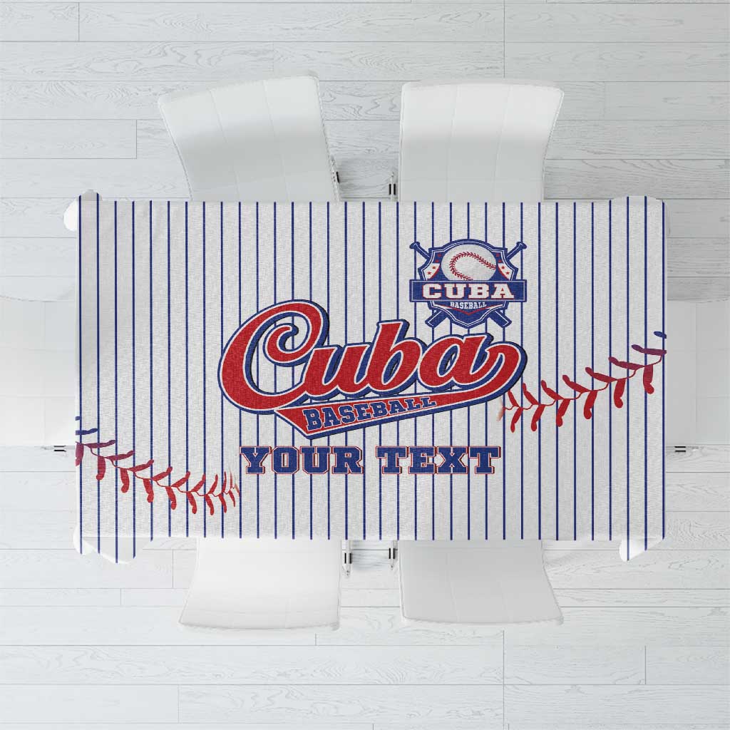 White baseball tablecloth with blue pinstripes, Cuba logo and red stitch accents