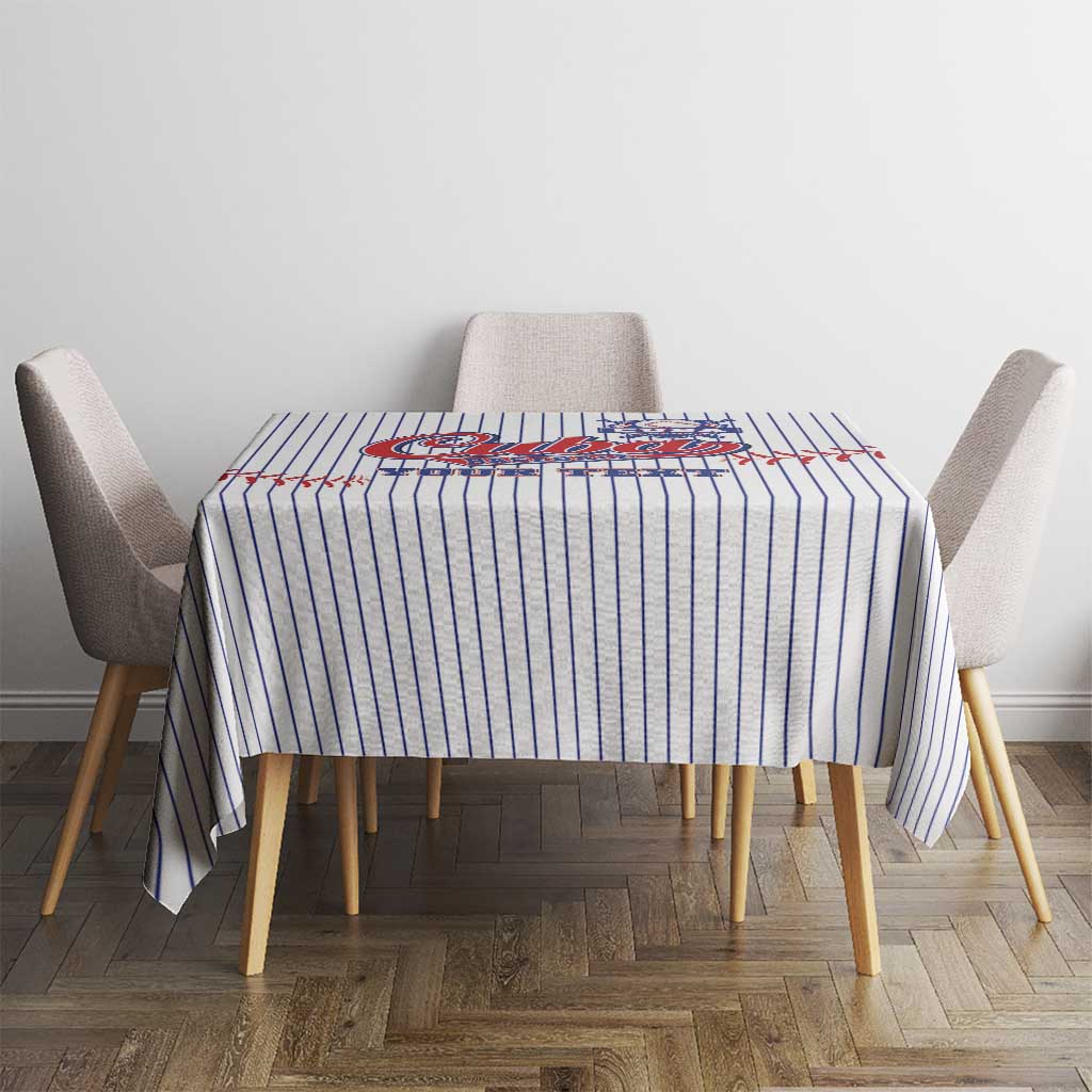 White baseball tablecloth with blue pinstripes and 'YOUR TEXT' Cuba badge graphic
