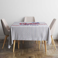 White baseball tablecloth with blue pinstripes and 'YOUR TEXT' Cuba badge graphic