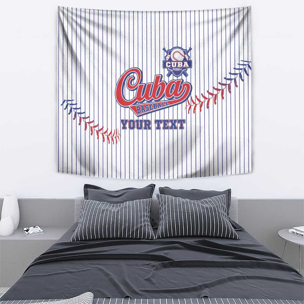 White baseball tapestry with blue pinstripes, Cuba badge logo and red baseball-stitch banner