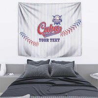 White baseball tapestry with blue pinstripes, Cuba badge logo and red baseball-stitch banner