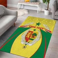 Yellow and green Senegal crest area rug with personalized text across center