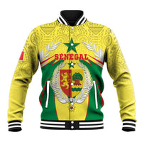 Yellow varsity baseball jacket with SENEGAL graphic, coat of arms crest, striped collar