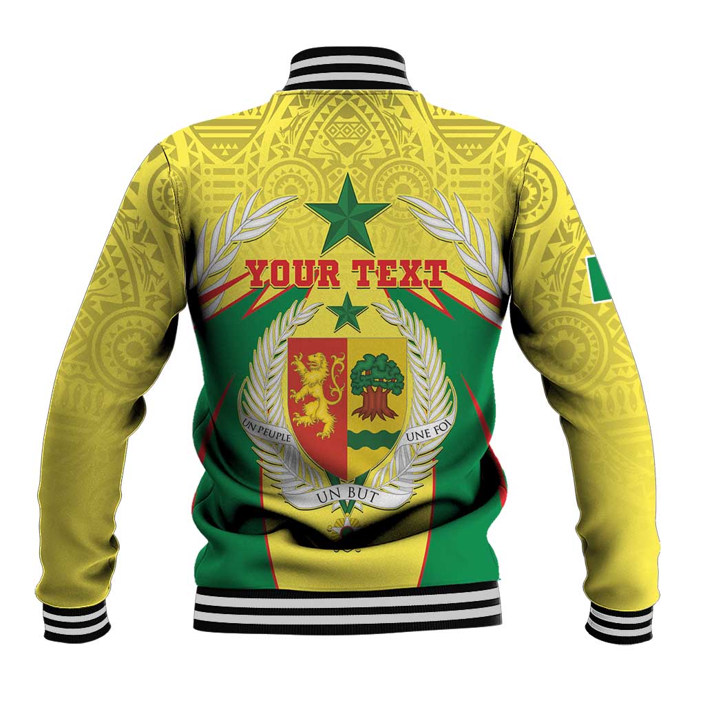 Yellow varsity baseball jacket, green and red coat of arms crest on back, striped ribbing