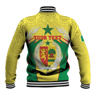 Yellow varsity baseball jacket, green and red coat of arms crest on back, striped ribbing
