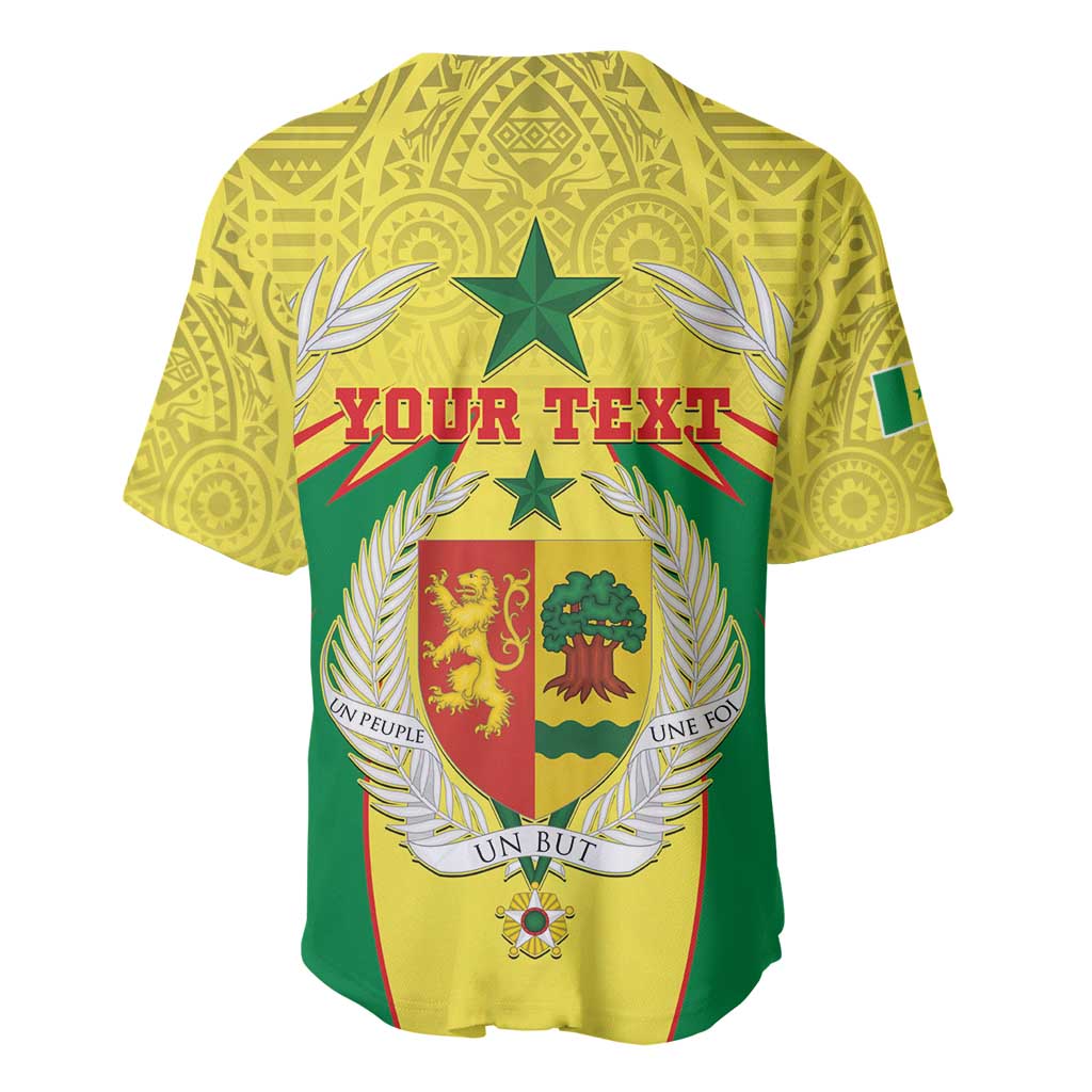 Yellow baseball jersey back with 'YOUR TEXT' and Senegal coat of arms crest