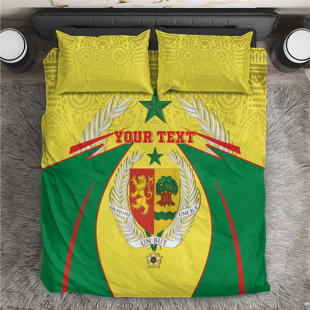 Senegal bedding set with yellow and green coat-of-arms crest, 'YOUR TEXT' banner, and 2 pillows