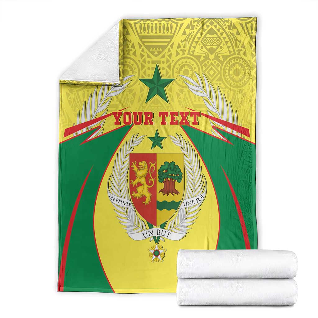 Personalised Senegal blanket coat of arms throw with folded white stack beside it