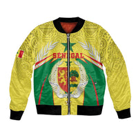 Yellow bomber jacket with green Senegal coat of arms, front zip, black ribbed cuffs