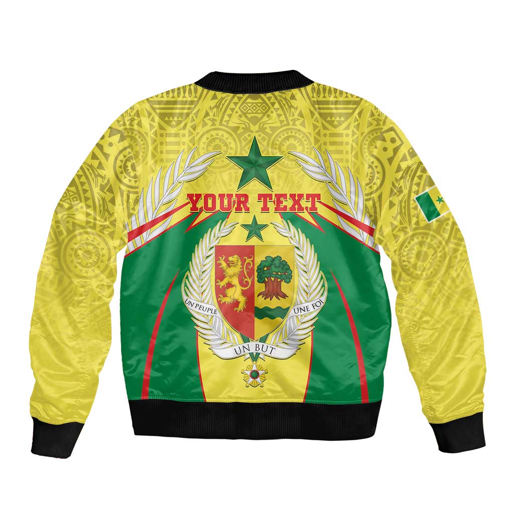 Yellow bomber jacket with green-and-yellow back print, YOUR TEXT, black ribbed hem