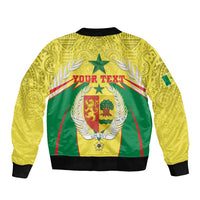 Yellow bomber jacket with green-and-yellow back print, YOUR TEXT, black ribbed hem
