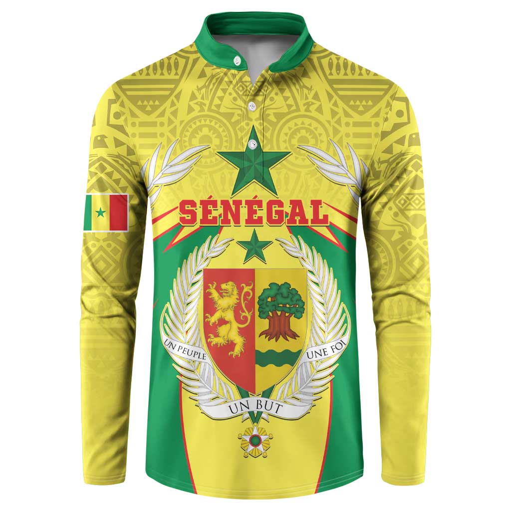 Yellow henley sweatshirt with green collar and buttons, Senegal crest and laurel details