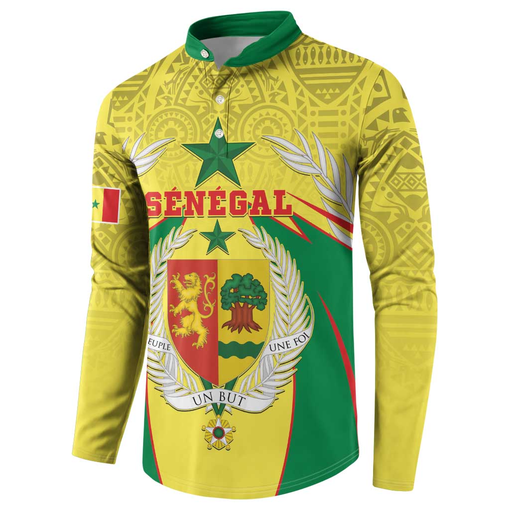 Yellow long-sleeve sweatshirt with green collar, button placket, Senegal crest graphic