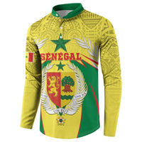 Yellow long-sleeve sweatshirt with green collar, button placket, Senegal crest graphic